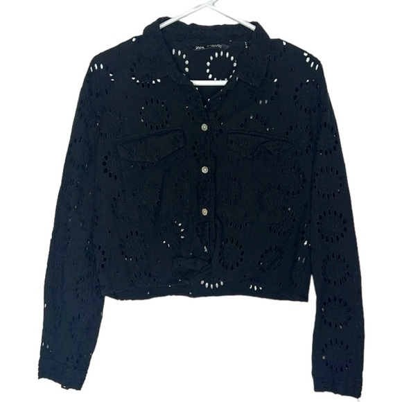 Zara Black Boxy Eyelet Long Sleeve Jacket Top - Picture 1 of 7